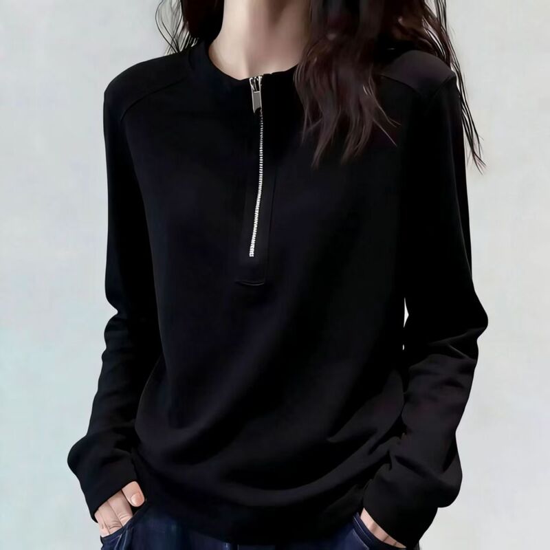 New Pure Cotton Half-Zip T-Shirt for Women, Long-Sleeved, Spring and Autumn, Plus Size, Loose Fit, Slimming, Regular Shoulder, Thin White Base Shirt