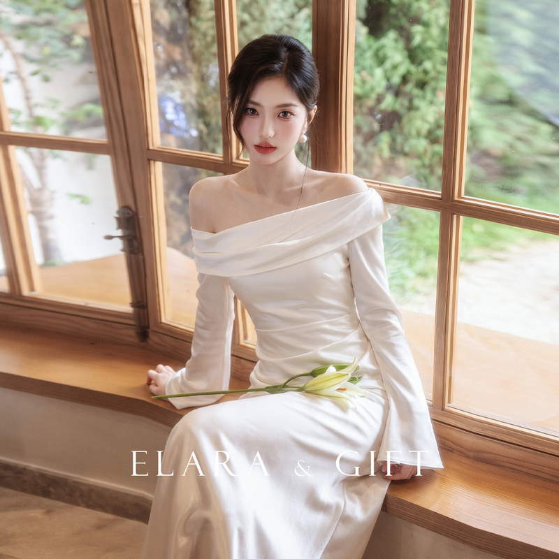"Yun Shu" White Satin Engagement Dress, Bridal Wedding Robe, Light Wedding Dress, Long-Sleeve Off-Shoulder Dress for Marriage Registration "Yun Shu" White Satin Engagement Dress, Bridal Wedding Robe, Light Wedding Dress, Long-Sleeve Off-Shoulder Dress for Marriage Registration