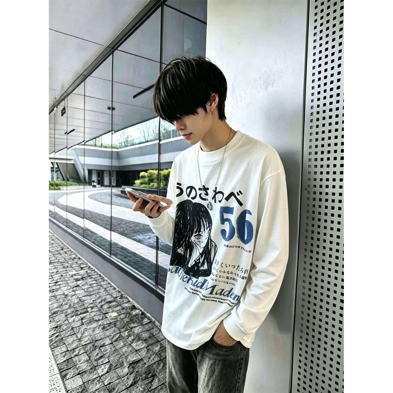 American High Street Comic Print Pure Cotton Long-Sleeved T-Shirt for Men in Spring and Autumn, Loose-Fitting Inner Layering Shirt for Teenagers