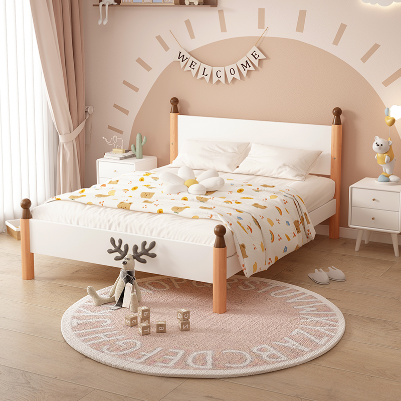 Full solid wood Nordic beech wood parquet white single bed children's bed minimalist 1 2 m small bed bedroom log furniture