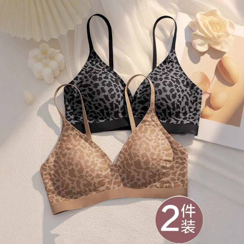 Nude-Feel Sexy Leopard Print Seamless Underwear for Women, Summer Small Chest Push-Up Bra Without Underwire, Side Breast Collection, Anti-Sagging Bra