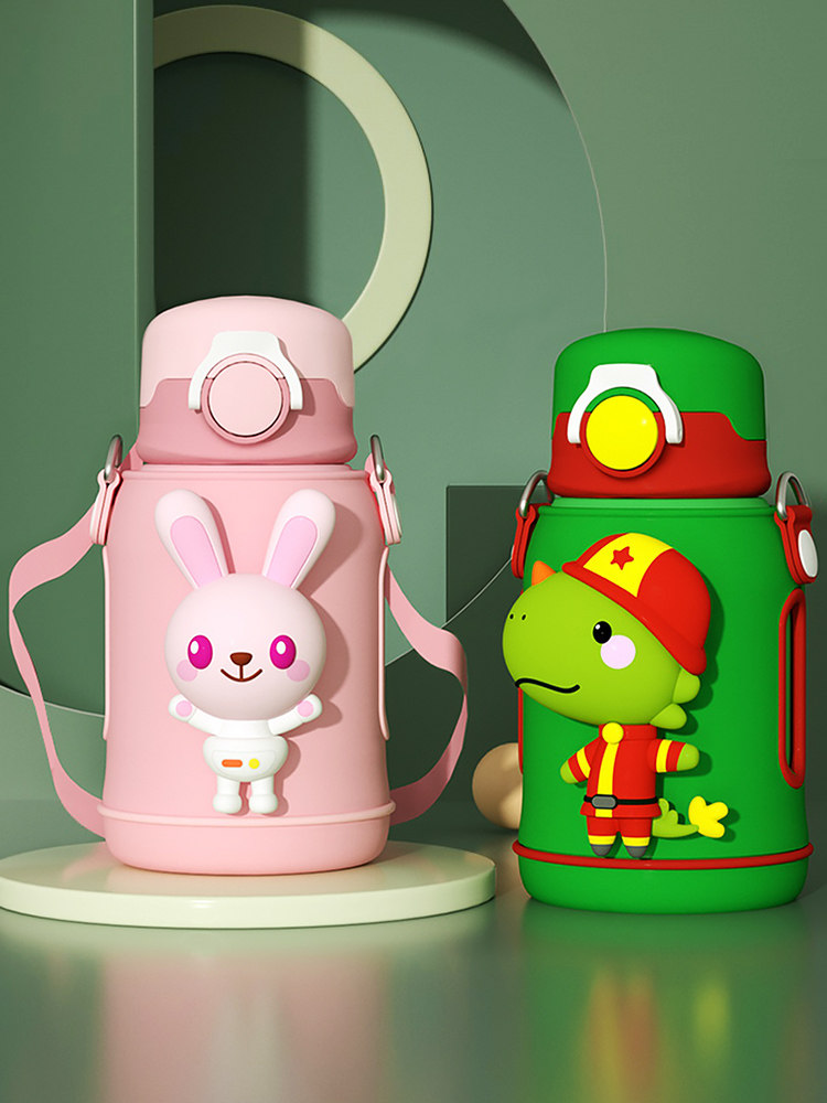 Children's thermos cup with straw dual-use primary school boy baby portable water cup kettle Kindergarten cartoon straw cup
