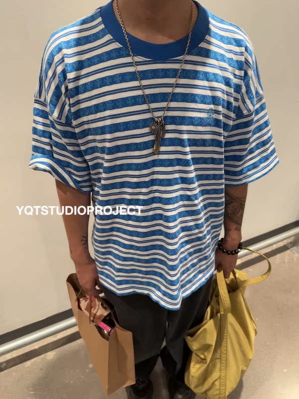【Yqtstudio】 New American Retro Striped Print Loose Round Neck Short-Sleeve T-Shirt Trendy for Men and Women 【Yqtstudio】 New American Retro Striped Print Loose Round Neck Short-Sleeve T-Shirt Trendy for Men and Women