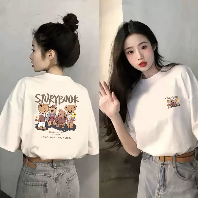 Bear Short-Sleeve T-Shirt for Women, 2026 Summer New Fashion Versatile Loose Pure Cotton Regular Shoulder Top with Front and Back Patterns