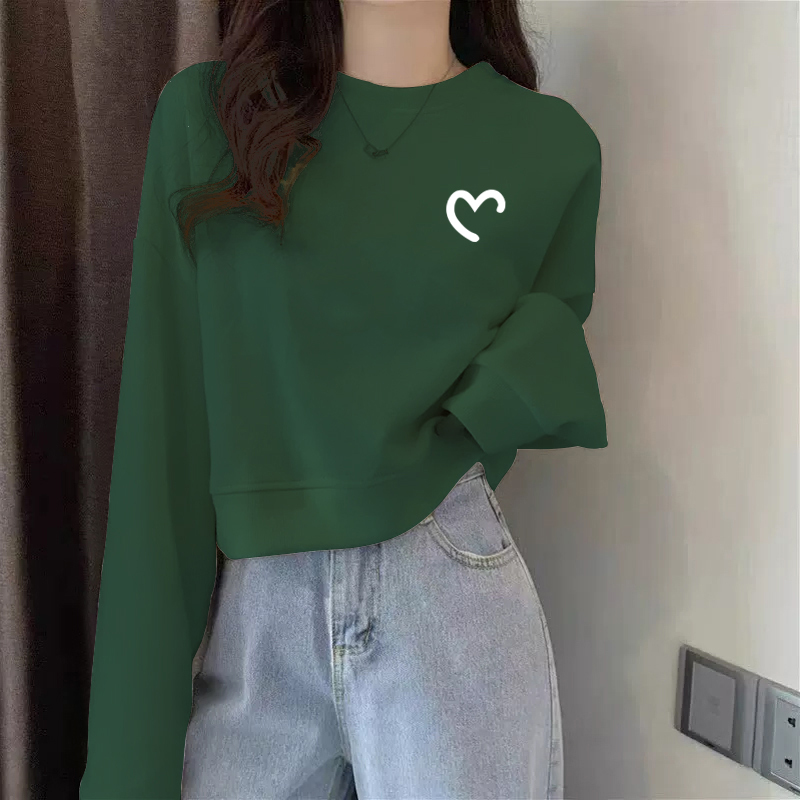 Short Dark Green Sweatshirt for Women, 2026 Autumn and Winter New Style, Silver Fox Velvet, Petite, High-Waisted, Fleece-Lined, Thickened, Heart-Patterned Top Short Dark Green Sweatshirt for Women, 2026 Autumn and Winter New Style, Silver Fox Velvet, Petite, High-Waisted, Fleece-Lined, Thickened, Heart-Patterned Top