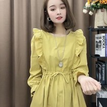 2021 autumn new dress version drawstring waist slim Joker long sleeve Medium-length dress