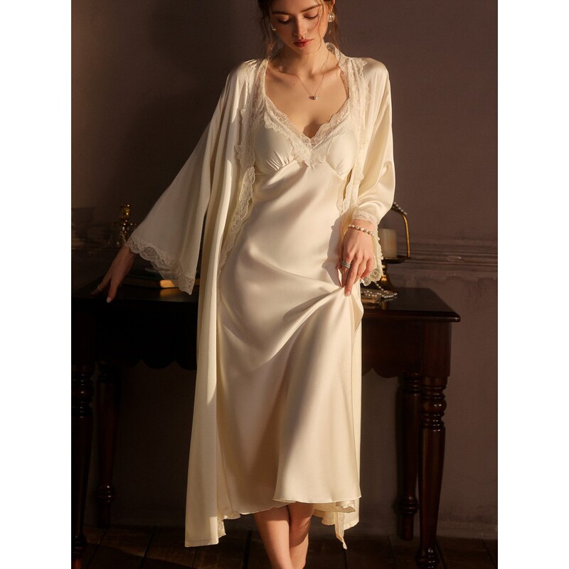 Slipper-Lined Camisole Nightgown Two-Piece Set, Sexy Long Silk Nightdress, Sleepwear Loungewear Set Slipper-Lined Camisole Nightgown Two-Piece Set, Sexy Long Silk Nightdress, Sleepwear Loungewear Set