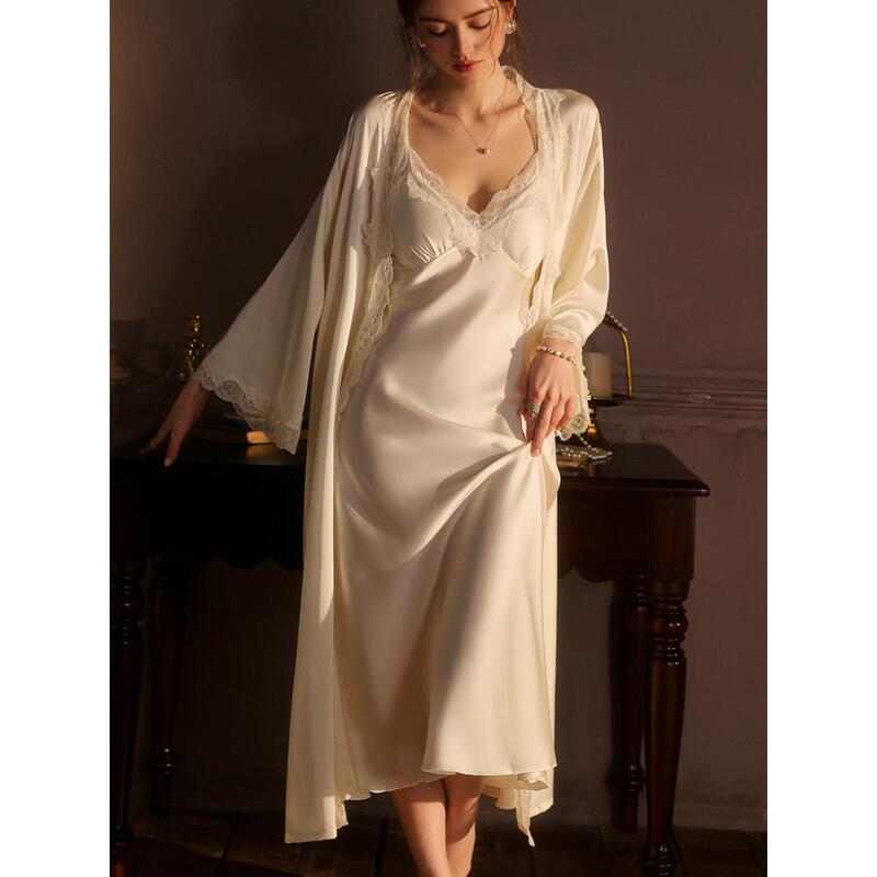 Slipper-Lined Camisole Nightgown Two-Piece Set, Sexy Long Silk Nightdress, Sleepwear Loungewear Set Slipper-Lined Camisole Nightgown Two-Piece Set, Sexy Long Silk Nightdress, Sleepwear Loungewear Set