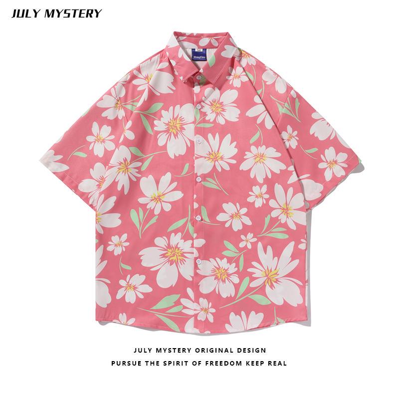 Shirt Research Institute Southeast Asian Beach Floral Shirt Unisex American Raspberry Pink Summer Couple Short-Sleeve Shirt ins