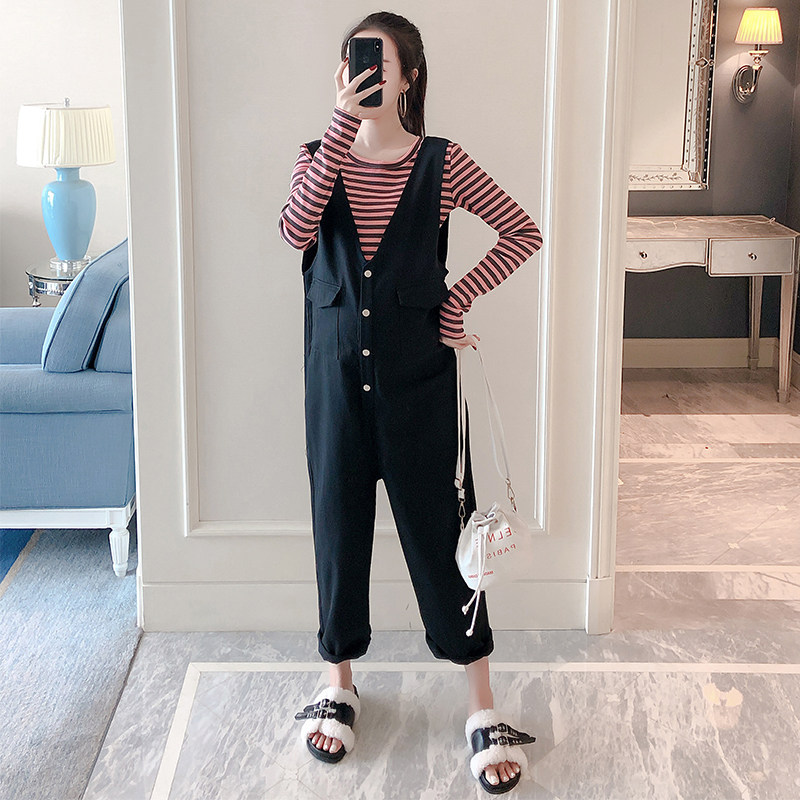 HOOK Pregnant Woman Cuddling Bag Pants Suit Fashion Pregnancy Fall Outside Wearing Long Pants Loose Autumn-Striped Suit