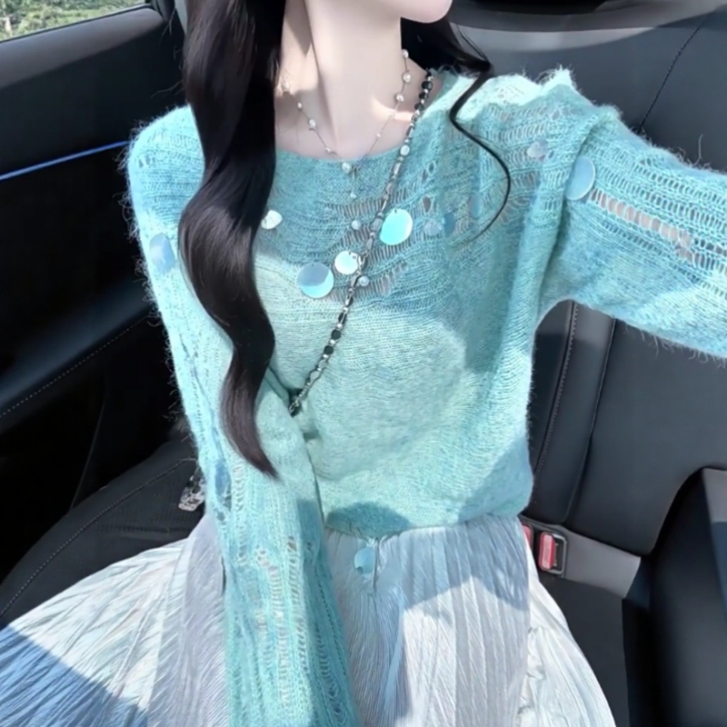 Korean-Style Early Spring Beautiful and Gentle Hollow-Out Sequin Sweater for Women, Soft and Lazy Vibe Knit Top Trendy Korean-Style Early Spring Beautiful and Gentle Hollow-Out Sequin Sweater for Women, Soft and Lazy Vibe Knit Top Trendy