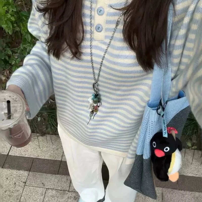 Casual Blue and White Striped Knit Sweater for Women, 2026 Loose Button-Up Sweater, Korean Style Soft and Cozy Top