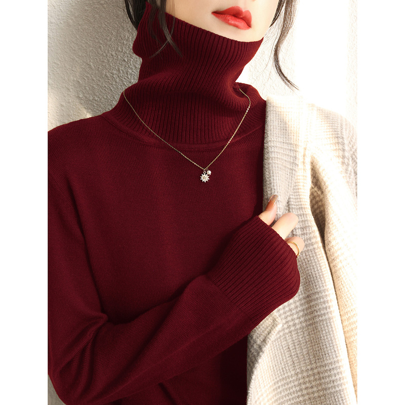 Winter 2026 New High-End Burgundy Wool Turtleneck Long-Sleeve Knit Sweater for Women, Thickened Base Layer Top