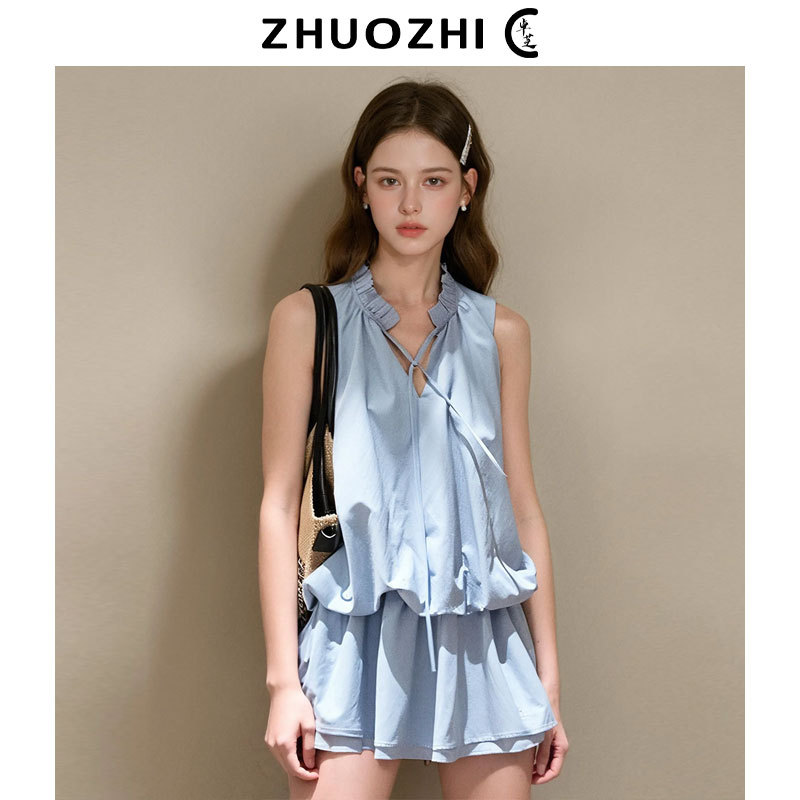 Zhuo Zhi French-Style Sweet Lace-Up V-Neck Sleeveless Dress 2025 Summer New Petite Floral Short Dress