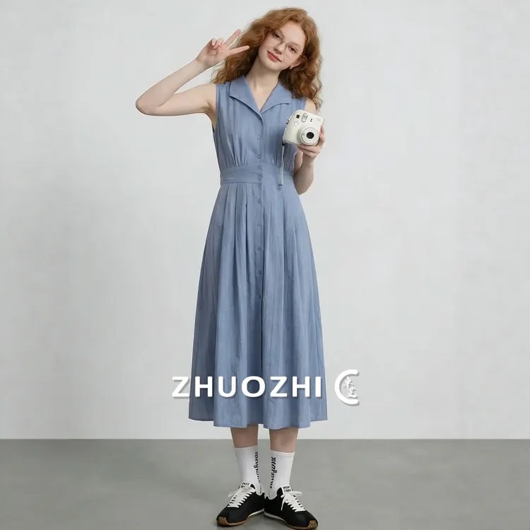 Zhuo Zhi French-Style Elegant Single-Breasted Sleeveless Dress 2026 Summer New High-Fashion Waist-Cinching Long Dress Zhuo Zhi French-Style Elegant Single-Breasted Sleeveless Dress 2026 Summer New High-Fashion Waist-Cinching Long Dress