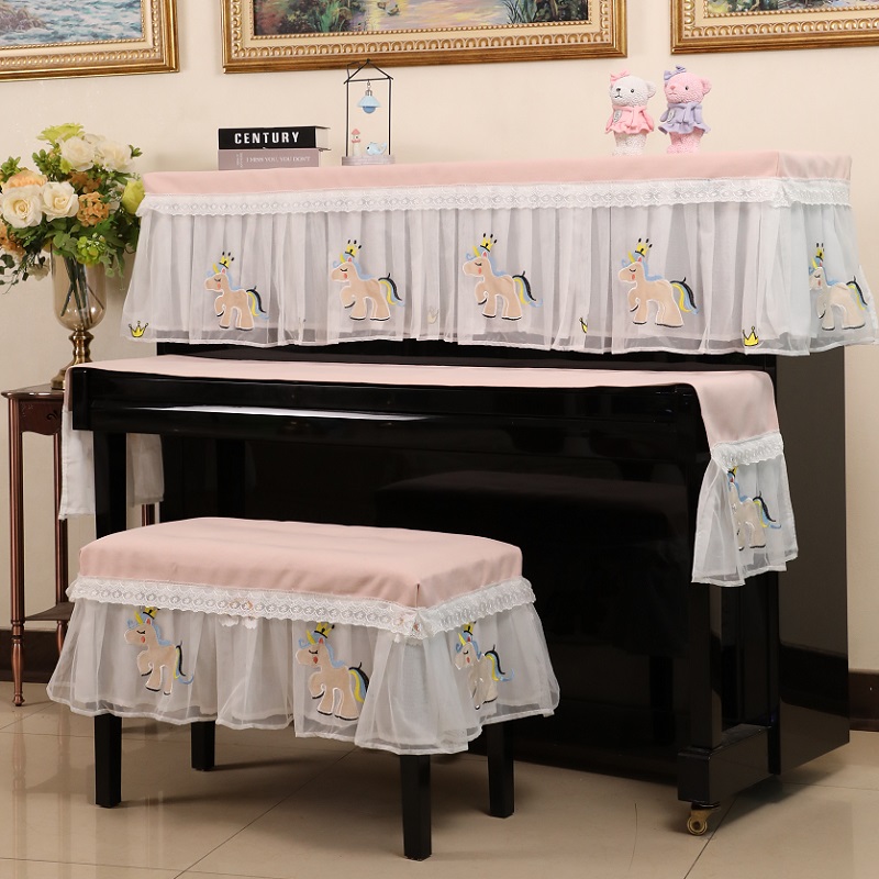 Piano cover half cover dustproof Simple modern cloth lace Nordic high-end Princess light luxury piano set Mountain leaf three-piece set