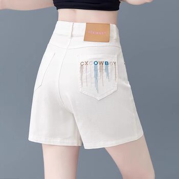 ສີຂາວ embroidered denim shorts women's high waist 2026 summer thin washed cotton quarter pants versatile slimming hot pants