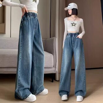 Guangzhou xintang straight jeans ແມ່ຍິງ 2026 ລະດູໃບໄມ້ປົ່ງແລະດູໃບໄມ້ລົ່ນລະດູໃບໄມ້ປົ່ງແບບບາງໆ elastic waist loose slim narrow wide leg pants