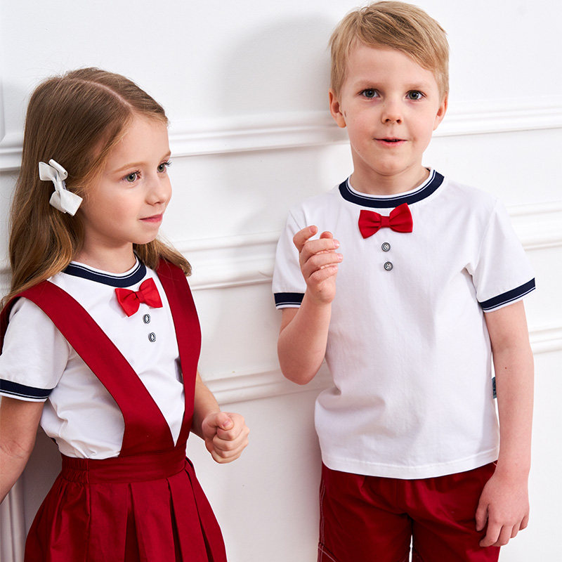 Kindergarten Garden Wear Summer Clothing Summer Short Sleeves Cuddling Bag Round Collar Sports Suit Pure Cotton English Primary School Uniforms Class Clothing