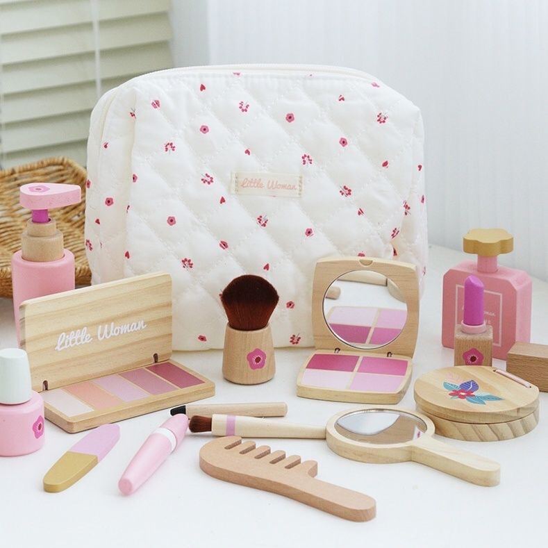 Korean-Style Girl's Pretend Play Makeup Bag Wooden Pretend Makeup Toy Set Eyeshadow Powder Lipstick Perfume for Girls