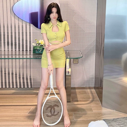 Летнее платье, сексуальная юбка, воротник поло, подходит для подростков, с акцентом на бедрах