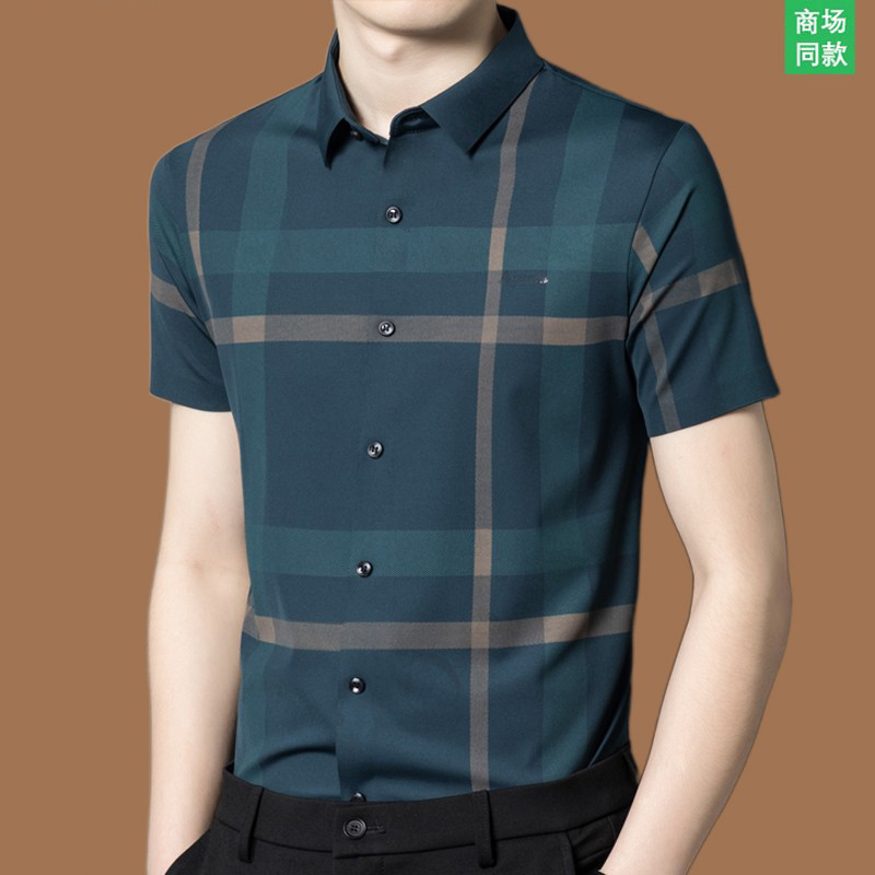 Italian High-End Ice Silk Shirt Men's Short-Sleeved Thin Seamless Summer Plaid Middle-Aged Men's Clothing Brand Italian High-End Ice Silk Shirt Men's Short-Sleeved Thin Seamless Summer Plaid Middle-Aged Men's Clothing Brand