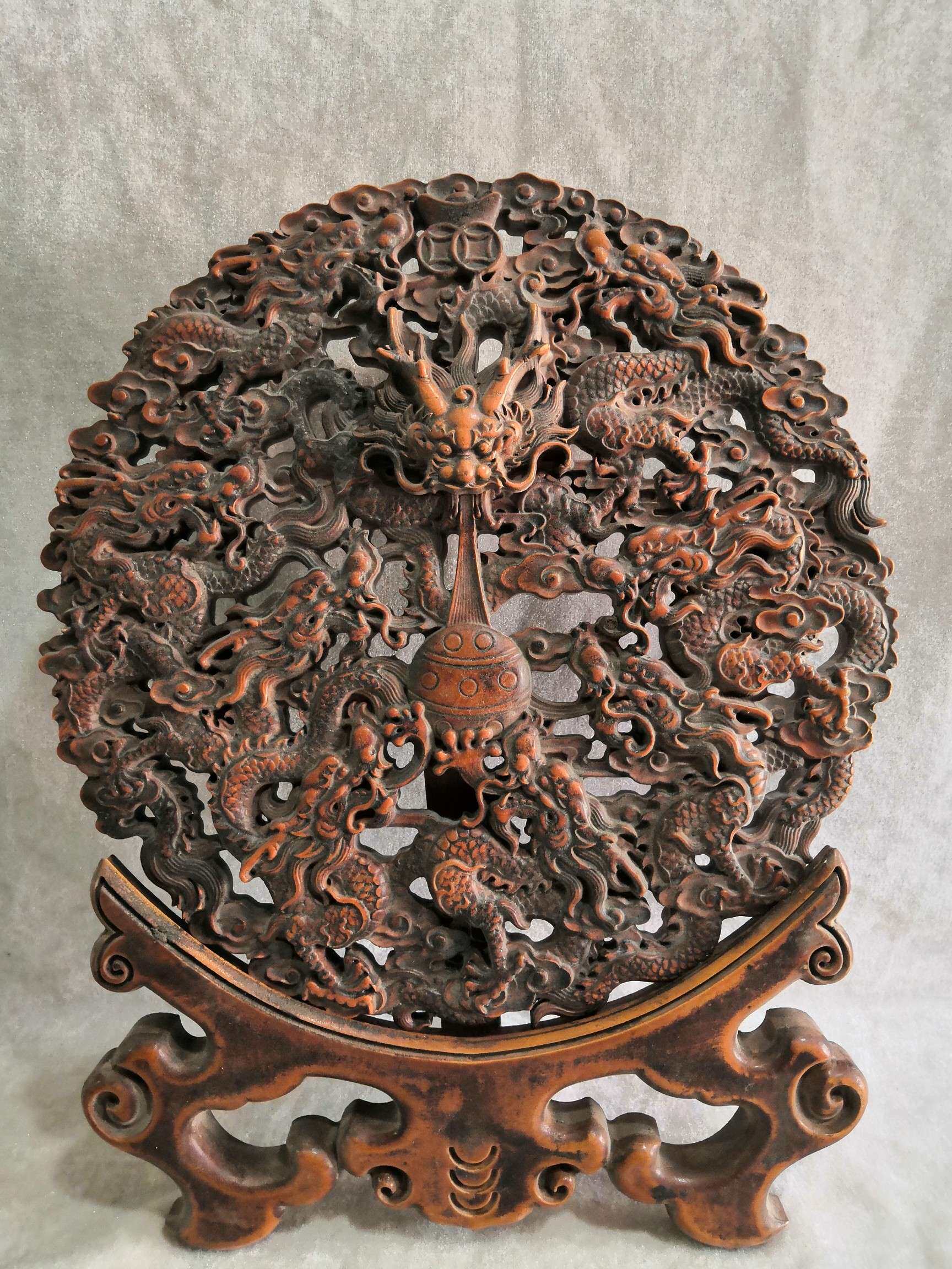 黄楊木 彫刻 九龍図屏風 置物 2本