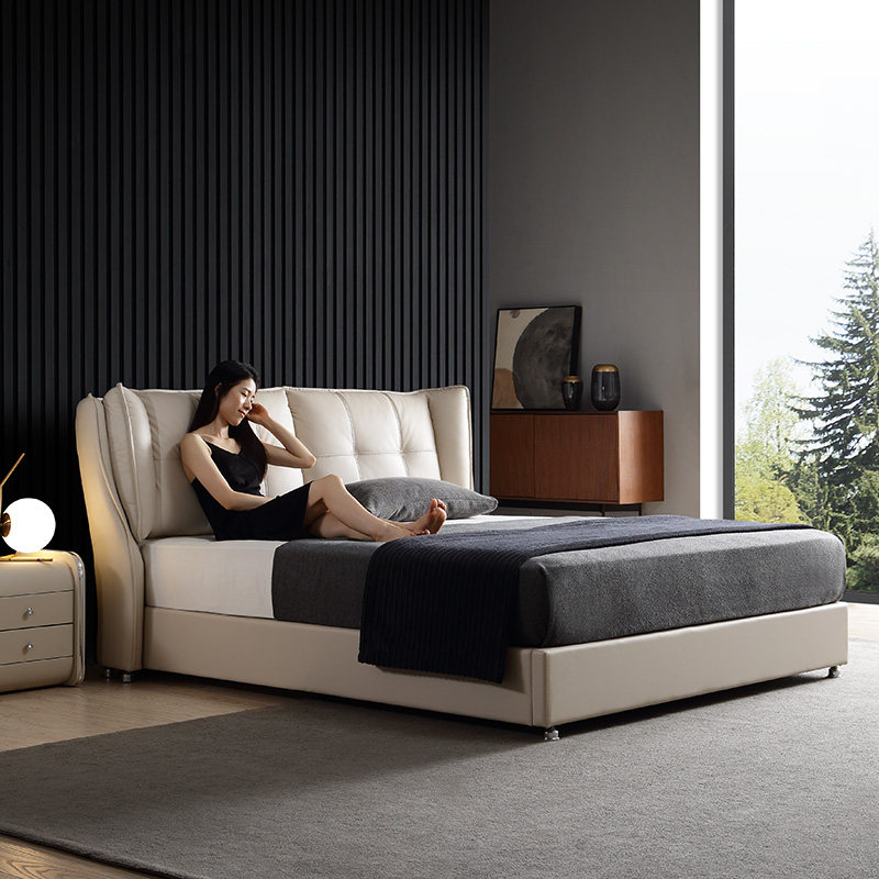 Shupurely Italian minimalist modern minimalist genuine leather bed master bedroom with small family soft bunk bed 1 5 m 1 8 m light and luxurious wedding bed