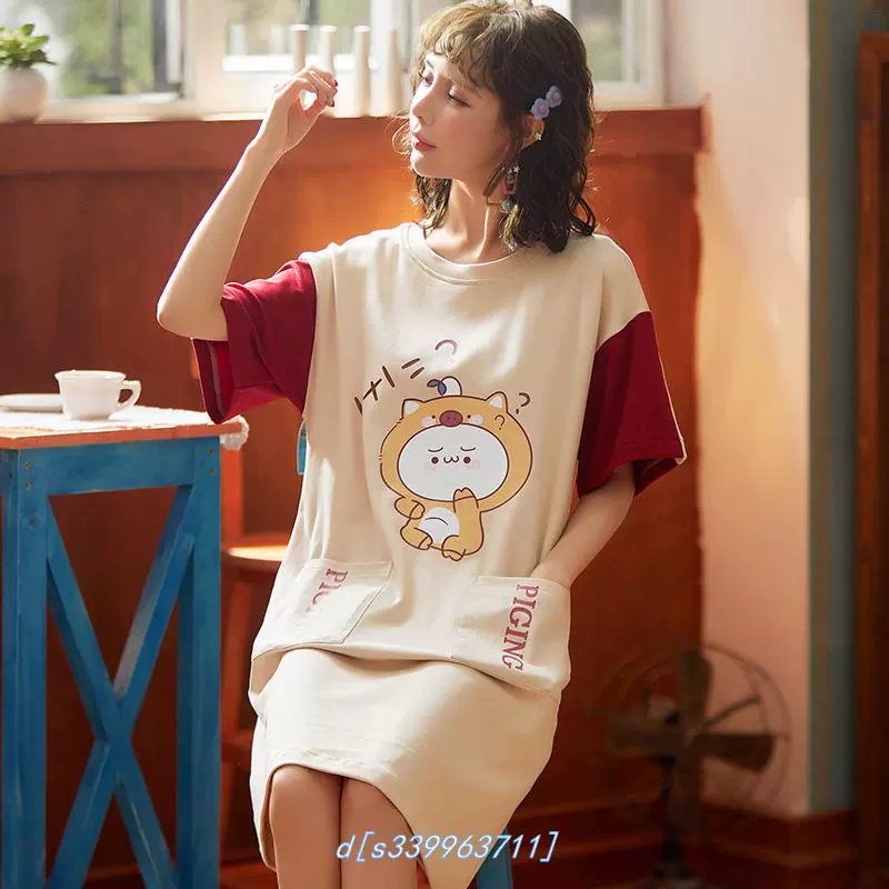 Váy ngủ ngắn tay của phụ nữ mùa hè cotton tinh khiết phong cách Hàn Quốc đồ ngủ học sinh rộng rãi của phụ nữ mùa hè mỏng phần hạn chế dịch vụ tại nhà giữa chiều dài. - Đêm đầm