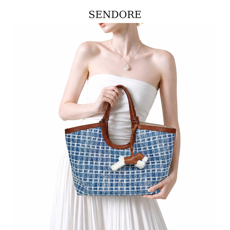 Sendore/Tote Bag Trendy and Fashionable Women's Commuter Tote Bag Embroidered Denim Blue