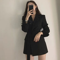 Close-up Waist Belt Spring Autumn Season Black Suit Jacket Woman 2022 The new mid-length style design with a small crowdsourced design