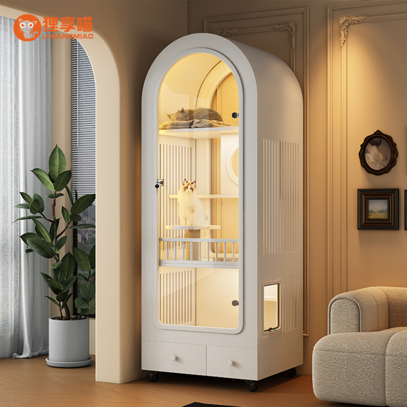 Rixiangmeow French-Style Arched Cat Villa, Solid Wood Cat Cabinet with Integrated Toilet, Indoor Space-Saving Cat Cage
