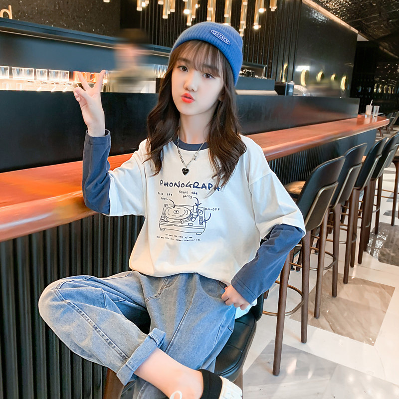 Girls T-shirts spring and autumn long-sleeved round neck fake two-piece tops pure cotton children's spring bottoming shirts big children's autumn clothes Western style