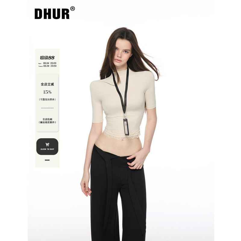 Dhur Original Design Light Khaki Half-High Collar Lace Hem Five-Quarter Sleeve Slim Short Pure Desire Base Shirt Dhur Original Design Light Khaki Half-High Collar Lace Hem Five-Quarter Sleeve Slim Short Pure Desire Base Shirt