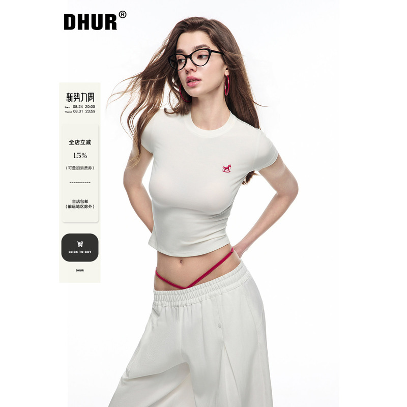 Dhur Little Horse Embroidery Lyocell White Short-Sleeve T-Shirt for Women, Summer Slim-Fit Short Round Neck Tee, American Style Hot Girl Dhur Little Horse Embroidery Lyocell White Short-Sleeve T-Shirt for Women, Summer Slim-Fit Short Round Neck Tee, American Style Hot Girl