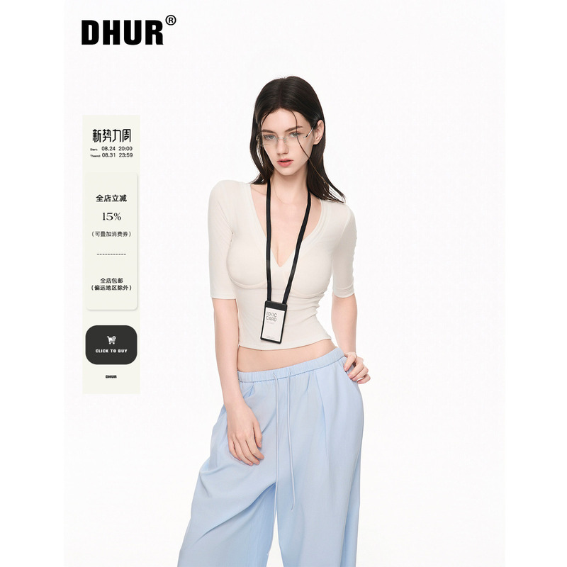 Dhur Original Laser-Cut Deep V-Neck Mid-Sleeve T-Shirt, Sexy Style Slim-Fit Short Waist-Cinching Top for Women