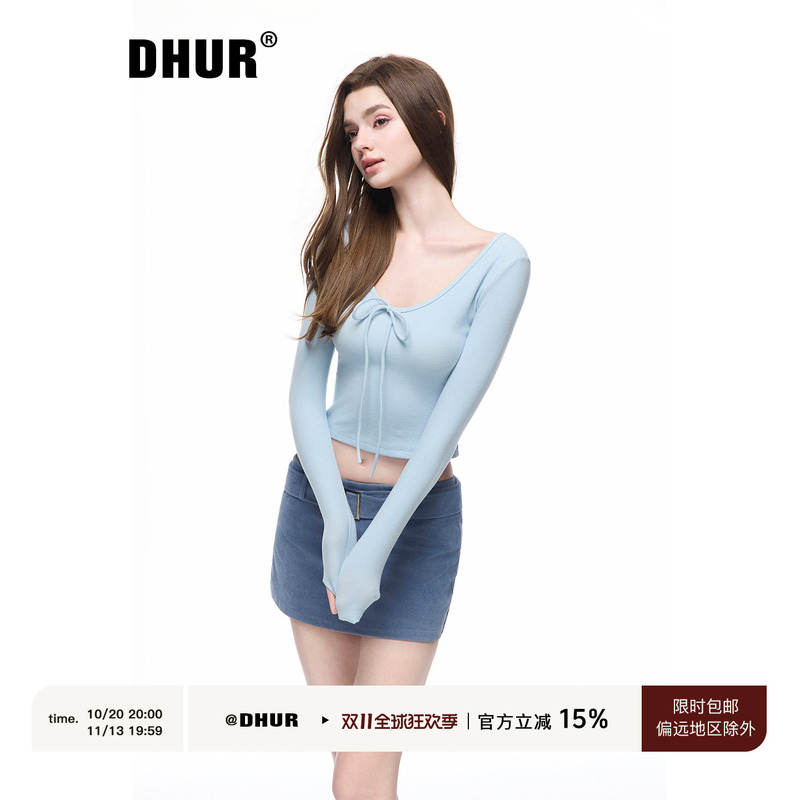 Dhur Lyocell Blue Bow Long Sleeve Top for Women, Slim Fit, Short, Waist-Exposing, Pure Desire Base Shirt