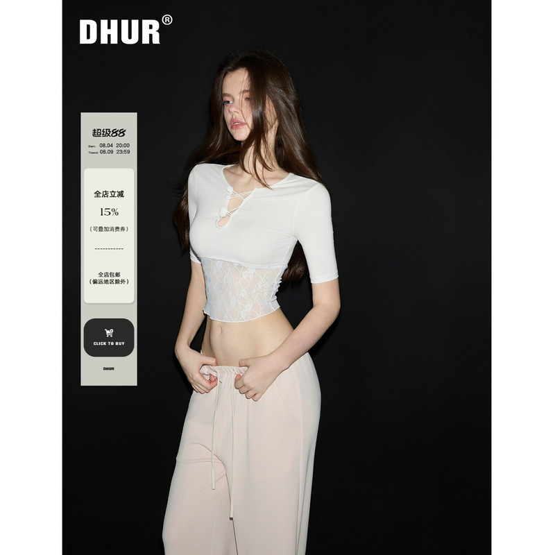 Dhur Pure Desire Style 90% Lyocell White Deep V-Neck Hem Lace Patchwork Slim Fit Short Sleeve T-Shirt Dhur Pure Desire Style 90% Lyocell White Deep V-Neck Hem Lace Patchwork Slim Fit Short Sleeve T-Shirt