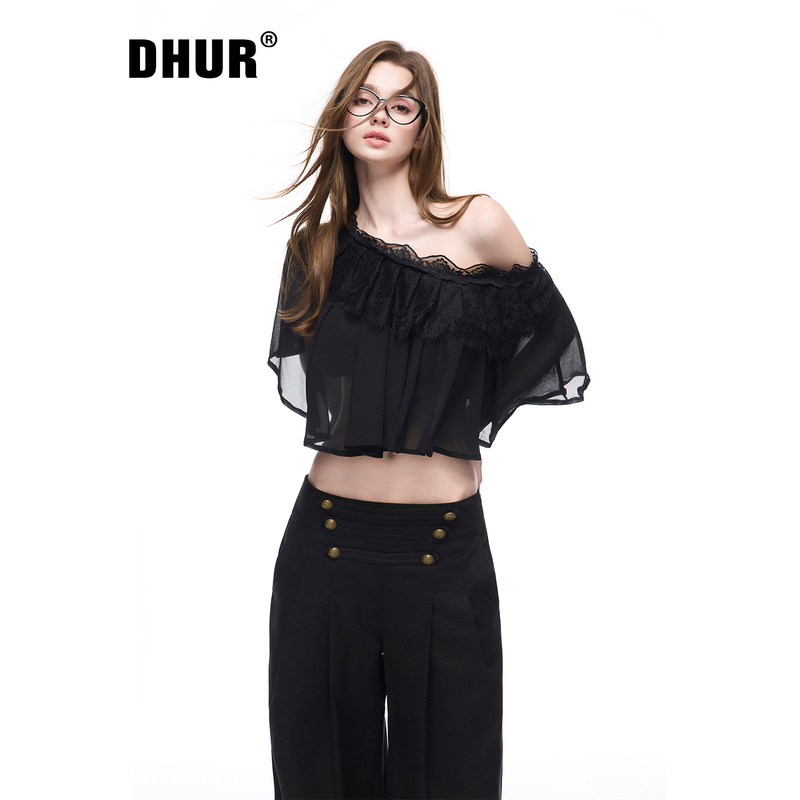 Dhur Original Pure Desire Style Off-Shoulder Chiffon Blouse for Women with Lace Trim, Flutter Sleeves, Short, Lightweight, Sheer Top Dhur Original Pure Desire Style Off-Shoulder Chiffon Blouse for Women with Lace Trim, Flutter Sleeves, Short, Lightweight, Sheer Top