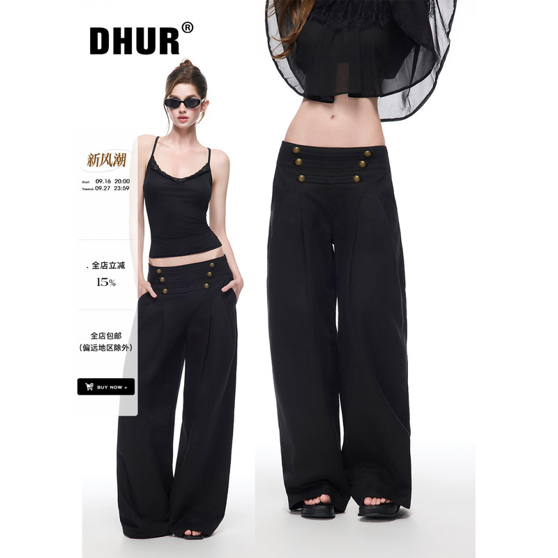 Dhur Black Napoleonic Pants for Women, Retro Double-Row Metal Buckle Design, Low-Waist, Drapey, Loose Wide-Leg Pants Dhur Black Napoleonic Pants for Women, Retro Double-Row Metal Buckle Design, Low-Waist, Drapey, Loose Wide-Leg Pants