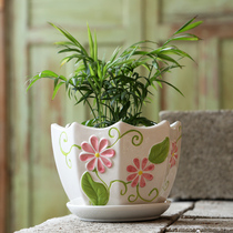 Flowerpot ceramic large clearance special medium small meaty small flowerpot living room household Green canthus with tray