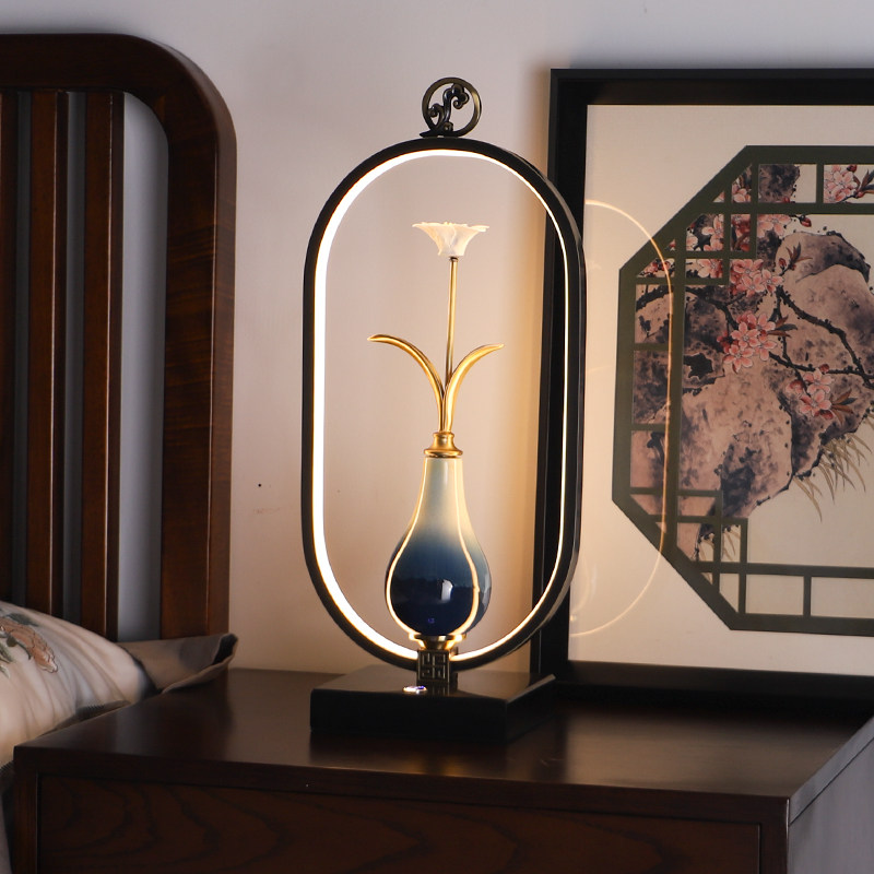 New Chinese table lamp bedroom bedside lamp living room all copper retro creative simple modern classical vase Zen table lamp