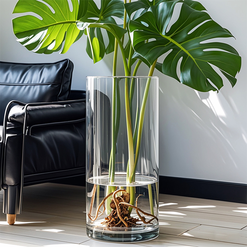 大型モンステラ専用花瓶 大口径 高さ40～30cm 広口 透明ガラス 水耕栽培容器 植木鉢