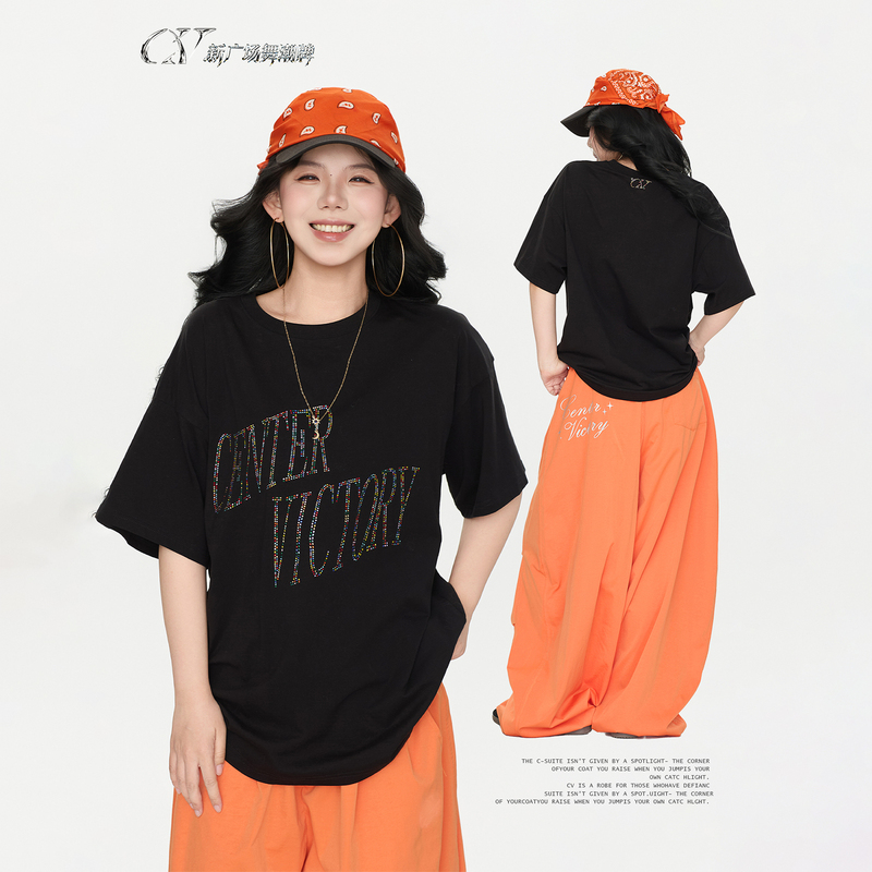 Cv New Square Dance Trendy Brand Colorful Rhinestone Letter T-Shirt Regular Shoulder Versatile Simple Breathable Top Cv New Square Dance Trendy Brand Colorful Rhinestone Letter T-Shirt Regular Shoulder Versatile Simple Breathable Top