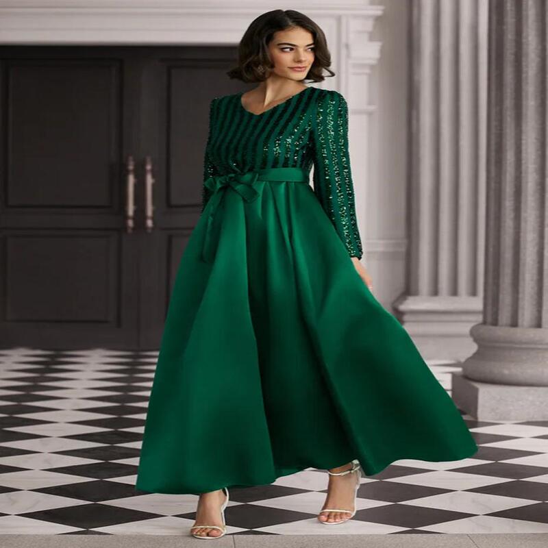 European and American Style Sequined Elegant Workwear Solid Color Mid-Waist Sequined Host Banquet Dress Green Long-Sleeved Evening Gown