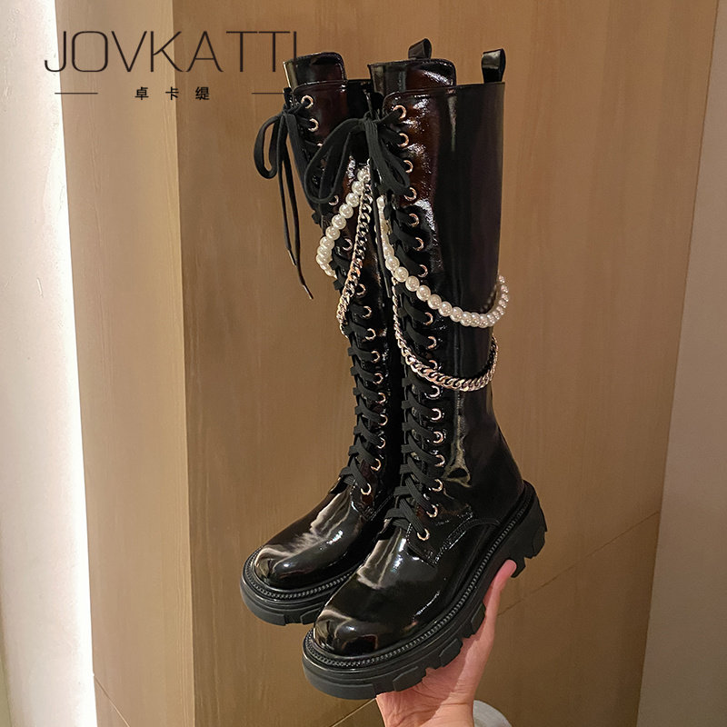 Long tube Martin boots winter thick boots 2022 pearl chain thick and thick - solid knights boots