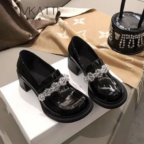 British style small leather shoes womens Japanese jk shoes patent leather rhinestone crystal heightening loafers retro thick heel Mary Jane shoes