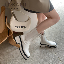 White chimney boots womens winter thick-soled Chelsea short boots 2022 new square toe high-heeled thick-heeled waterproof platform Martin boots