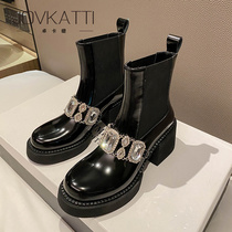 Thick Sole Chelsea Short Boots Womens Rhinestone High Heel Boots 2022 New Black Thick Heel Leather Autumn and Winter Martin Boots