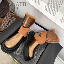 Snow boots womens fur all-in-one winter plus velvet thickened bright surface waterproof anti-skid golden patent leather cotton shoes thick-soled mid-boots